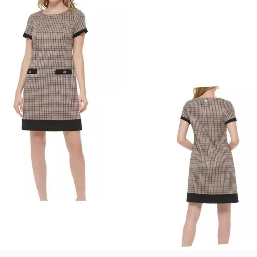 EUC Tommy Hilfiger Houndstooth Elegant Black and Tan Checkered Dress - Picture 2 of 4